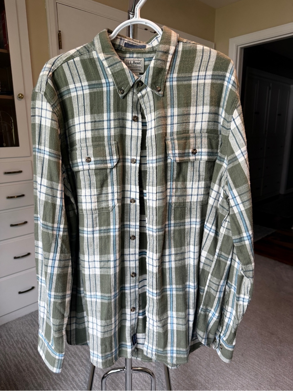 L.L. Bean Men's Olive and White Plaid Button-Down Shirt